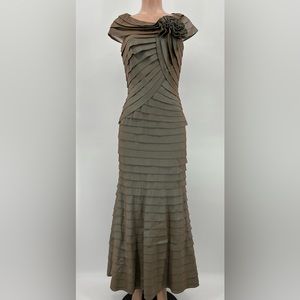 Tadashi Collection Iridescent Tiered Pleated Rosette Mermaid Formal Gown